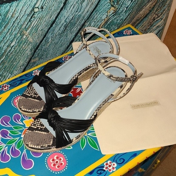 Frances Valentine NIB Size 10 Black Snake Print Leather Espadrille Sandals - Picture 1 of 12